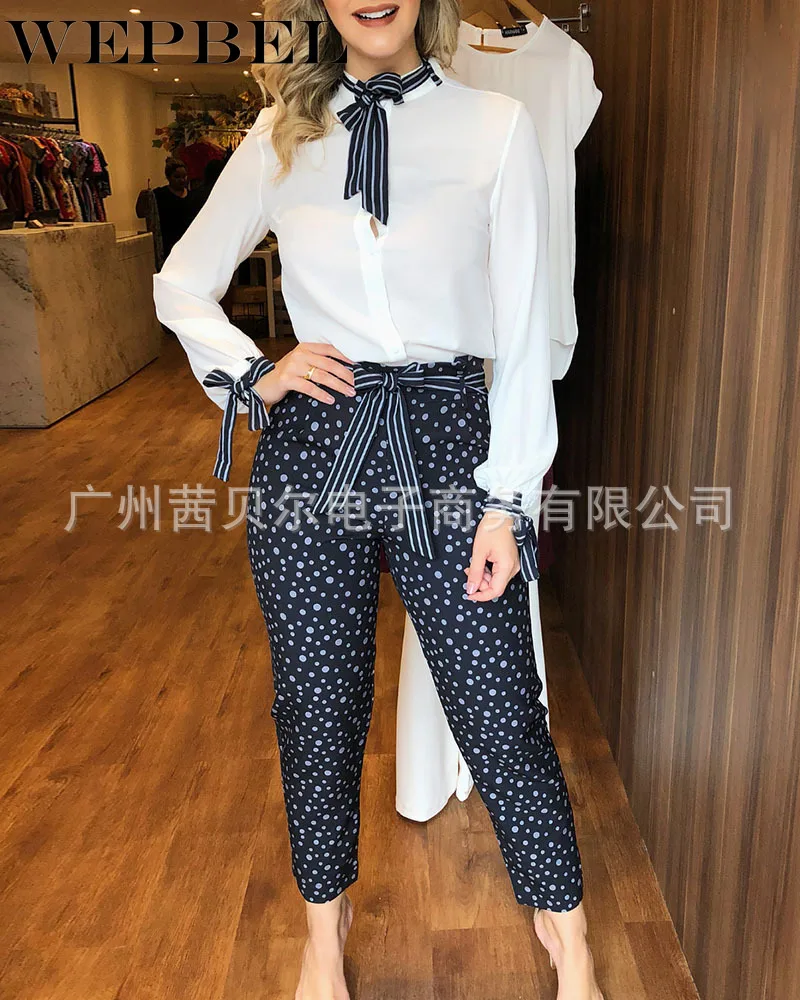 

WEPBEL Autumn Fashion Long-Sleeved O-Neck Tops + Lace-up Straight Pants Sets Women's Casual Printed Bow Sets