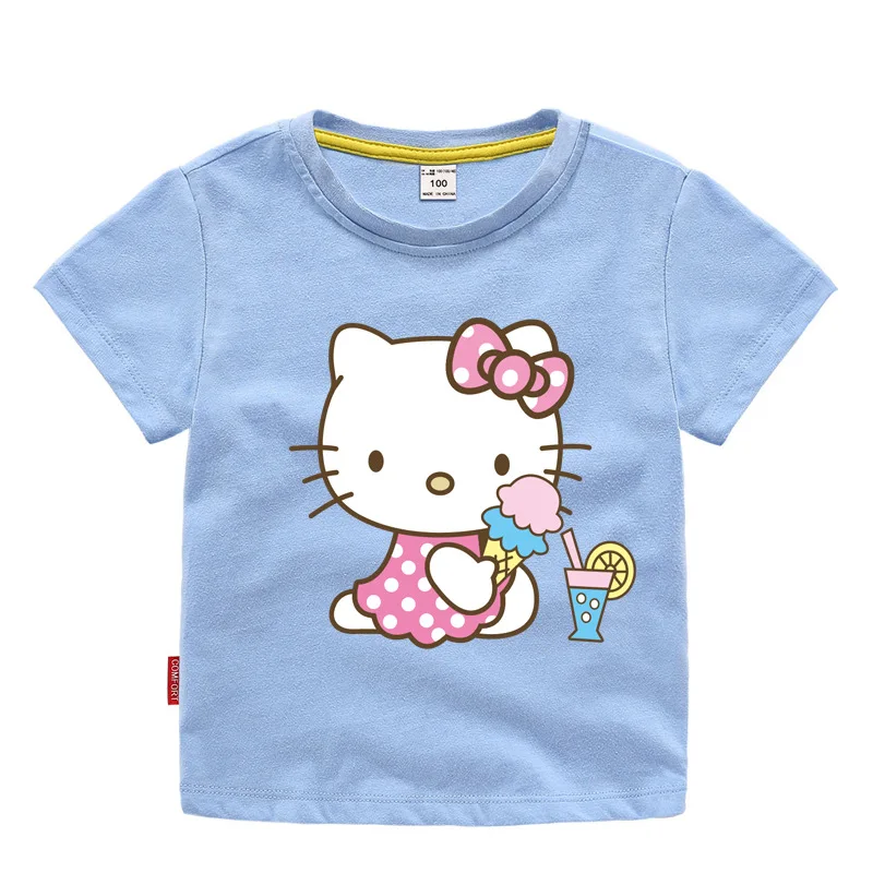 Light Blue Футболка принцессы «hello kitty» для девочек; костюм; летняя хлопковая детская одежда с короткими рукавами; белая и черная футболка для девочек; топы - Цвет: Light Blue