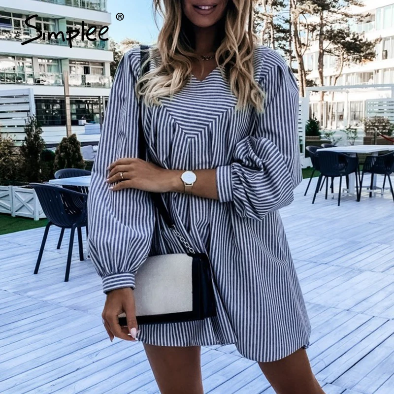 Simplee Elegant loose women's dress Flared Sleeve black white Striped fashion dress A-line party holiday casual dress autumn Simplee Elegant loose women's dress Flared Sleeve black white Striped fashion dress A-line party holiday casual dress autumn