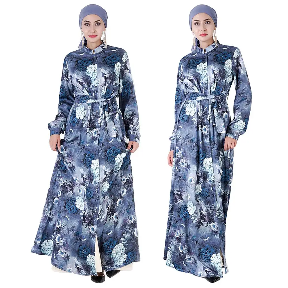 Синий Abaya женское Макси платье цветочный принт длинный халат мусульманский кафтан винтажное Jilbab платье с отложным воротником Арабский исламский платье Турецкий - Цвет: Синий