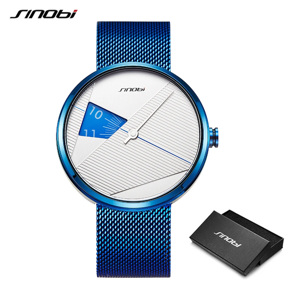 Blue white SINOBI Креативные мужские модные часы синий Миланский ремешок кварцевые наручные часы человек вращать циферблат часы спортивные часы relogio masculino - Цвет: Blue white