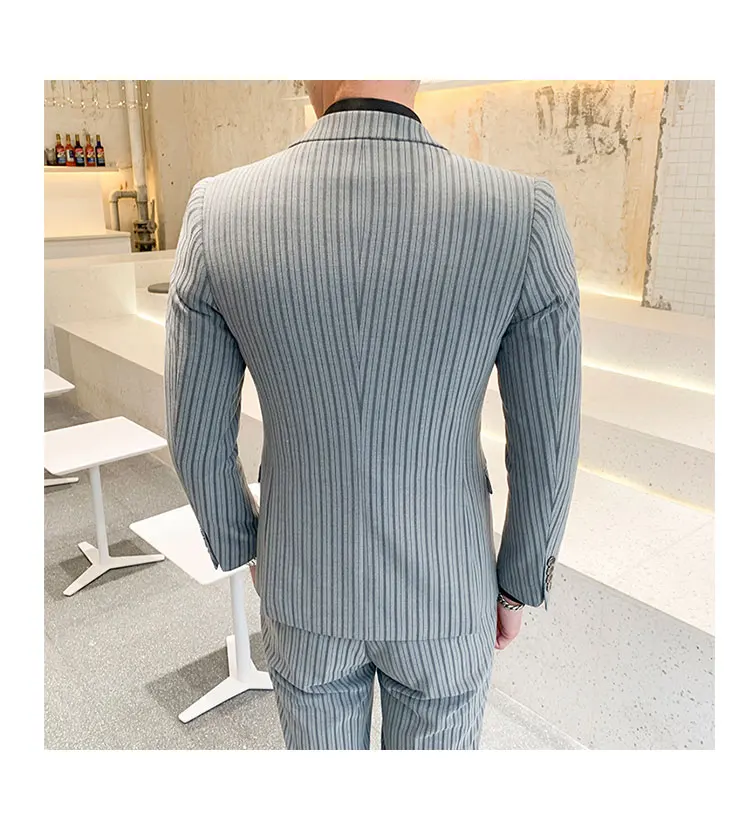 3 Pieces Suits Jackets+Pants+Vest Wedding Dress Suits For Men Blue Stripe Formal Wear Suits New Men Slim Groom Suits Size XS-5XL