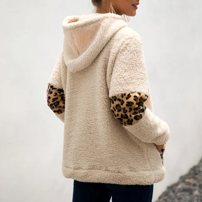 Women Winter Long Sleeve Leopard Pocket Patchwork Thick Plush Hooded Sweatshirt
