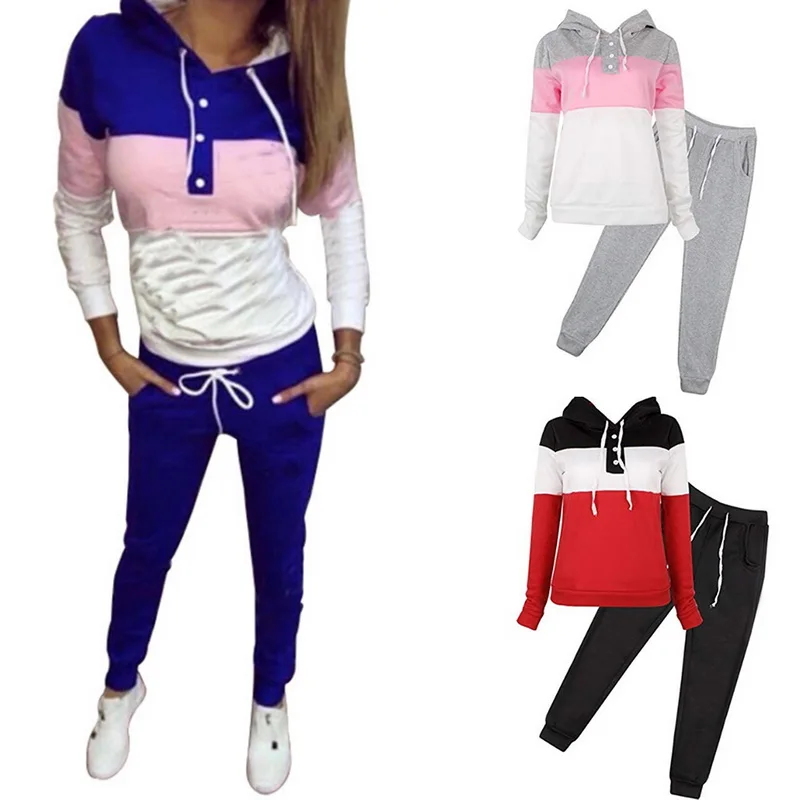 

Running Set Women Plus Size Sweater And Sweatpants S-4XL 2 Piece Set Patchwork Hooded Female Gym Fitness Jogging Set Sportswear