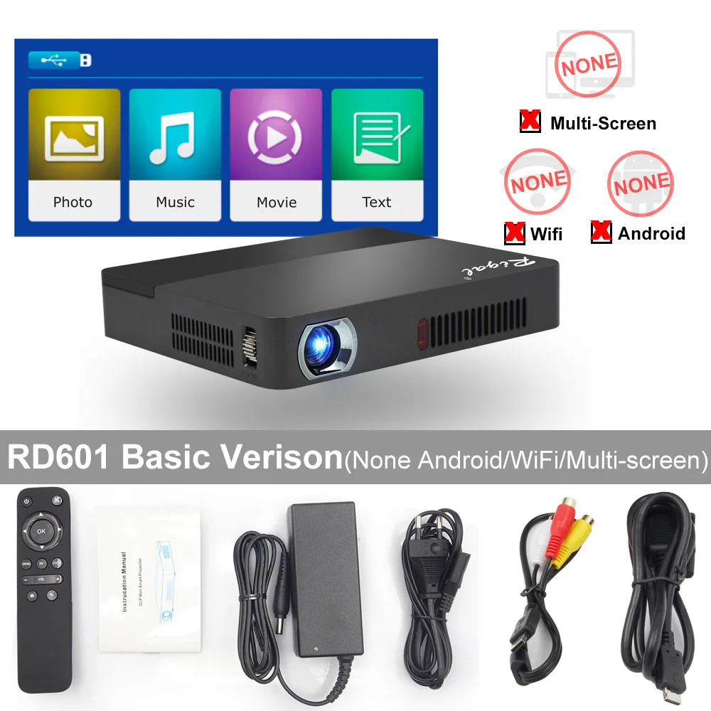 RD601 Basic Rigal проектор RD601 со встроенной батареей Android 4.4 WIFI LED MINI DLP проектор 3D Miracast Bluetooth домашний кинотеатр п - Цвет: RD601 Basic
