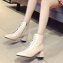 Женские демисезонные ботильоны на квадратном каблуке 6 см из PU искусственной кожи, короткие сапоги на молнии, женские повседневные модные ботинки с перекрестной шнуровкой, размер 35-39