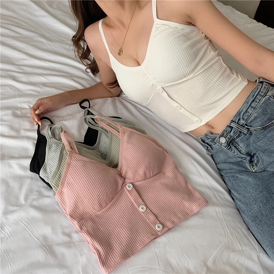 pink camisole Pearl Diary Summer Spaghetti Strap Ribbed Crop Camisole Women V Neck Buttons Front Sexy Beach Top With Inner Detachable Bra Pad cami top