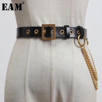 

[EAM] Pu Leather Black Metal Chain Split Joint Long Belt Personality Women New Fashion Tide All-match Spring 2020 1T679