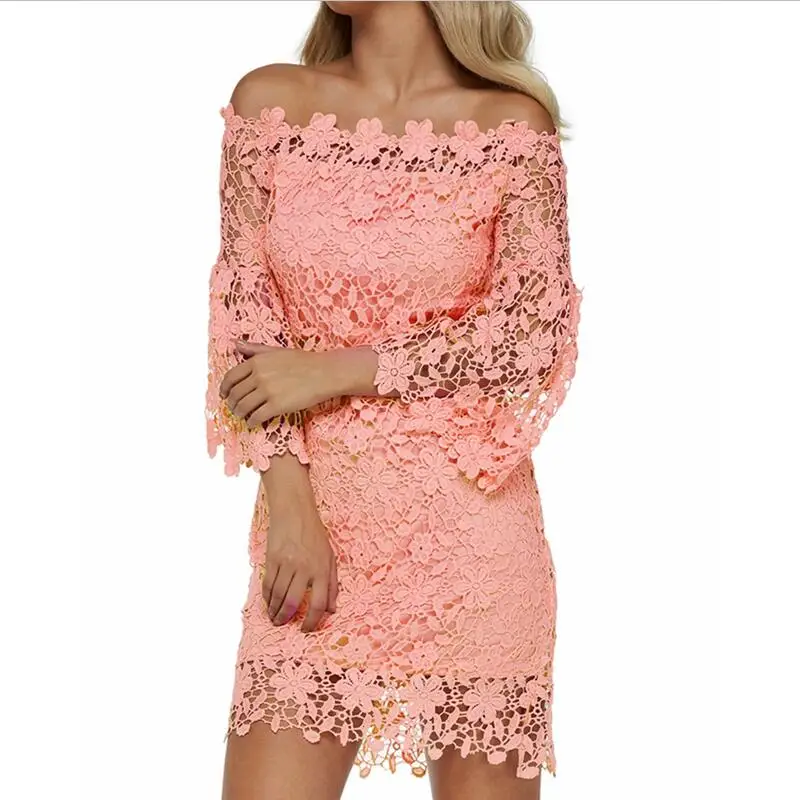 orange pink Женское мини-платье, летнее, сексуальное, из кусков, кружевное, однотонное, с открытыми плечами, с вырезом лодочкой, с расклешенными рукавами, платья для вечеринок, элегантные, Vestidos - Цвет: orange pink