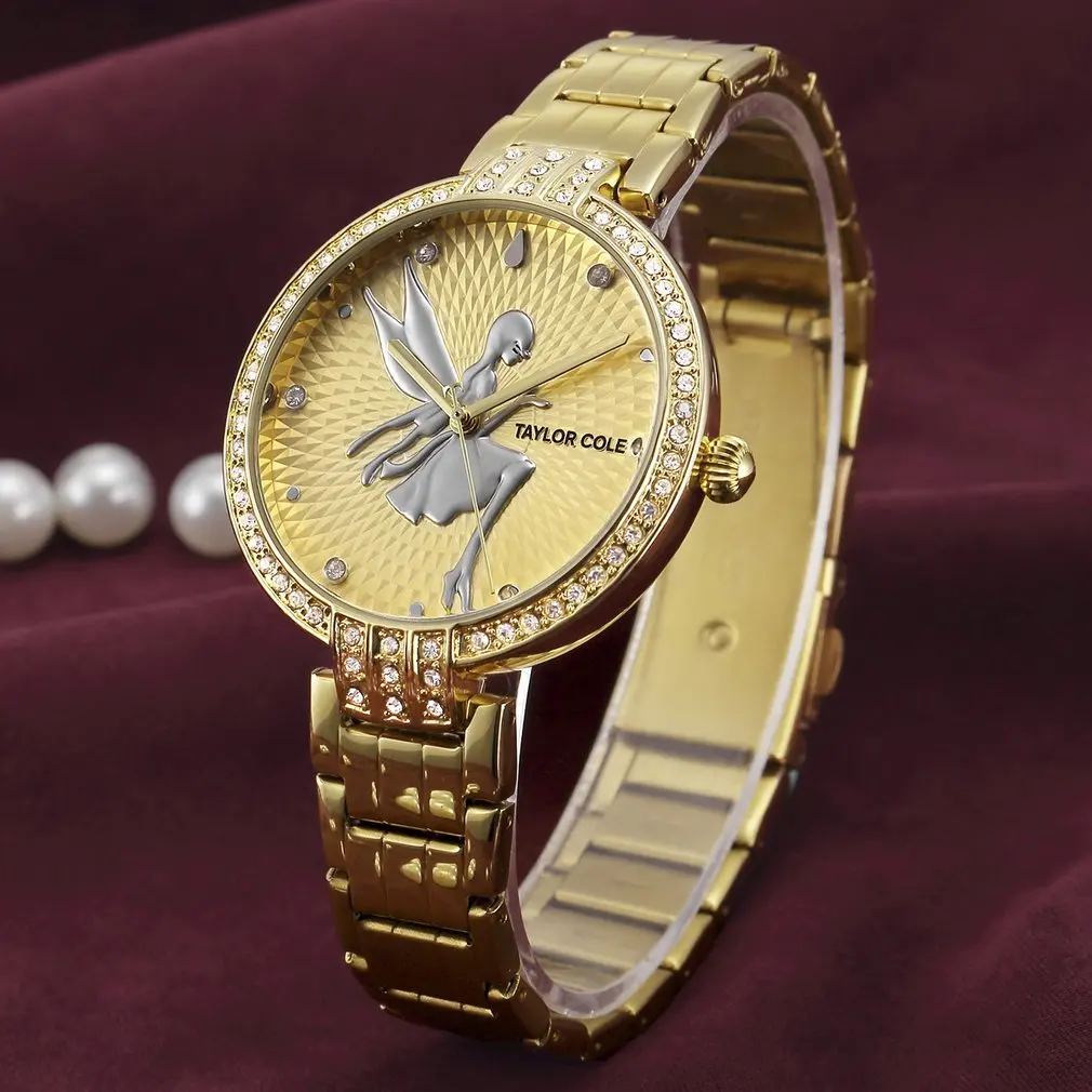 Taylor Cole Horloges Vrouwen, роскошный золотой чехол с кристаллами, женские тонкие кварцевые часы со стальным браслетом, женские часы, Подарочная коробка, распродажа - Цвет: A