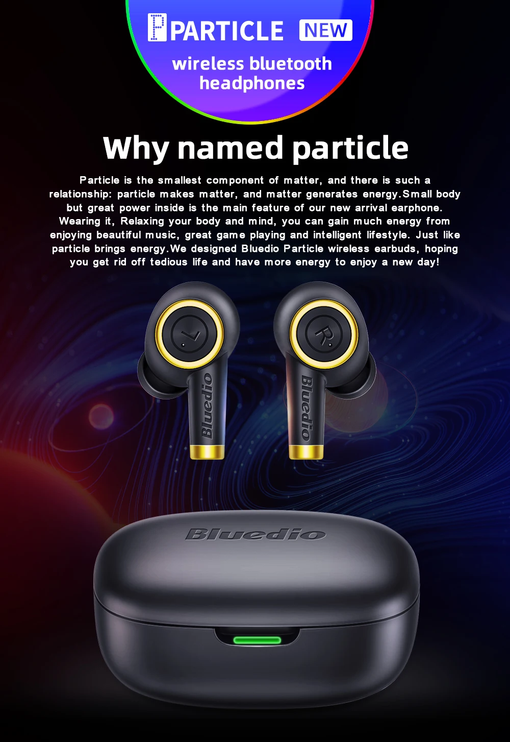 Bluedio Particle Bluetooth Headphones TWS Wireless Earbuds Waterproof Sports In-ear Headphones with Charging Case Support In-ear Detection - Black