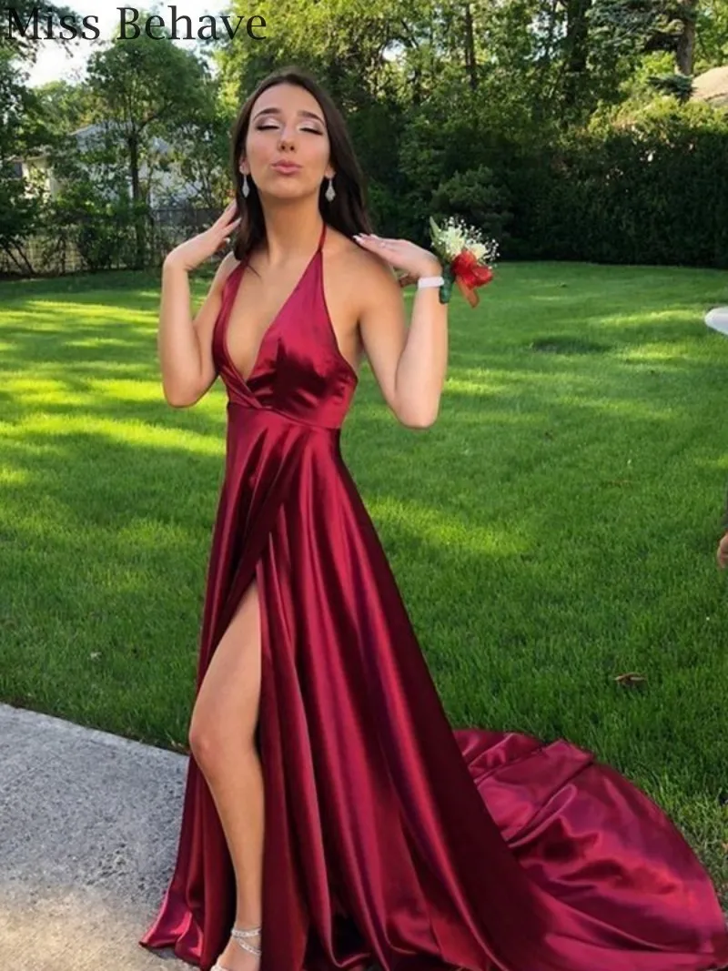 

DD JYOY Sexy Evening Dress with Train Open Back Satin Evening Gowns for Women Front Split Elegant Gowns Party robe soiree