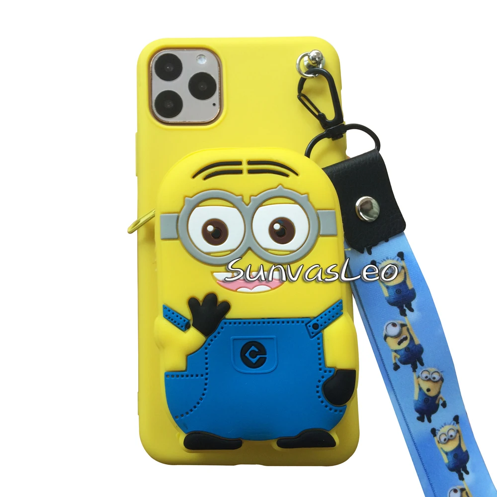 Little Yellow Man Для iPhone 11/11 Pro/11 Pro Max 3D кошелек милый мультфильм животных Мягкий силиконовый чехол-кошелек с ремешком цепь сумка кабель - Цвет: Little Yellow Man