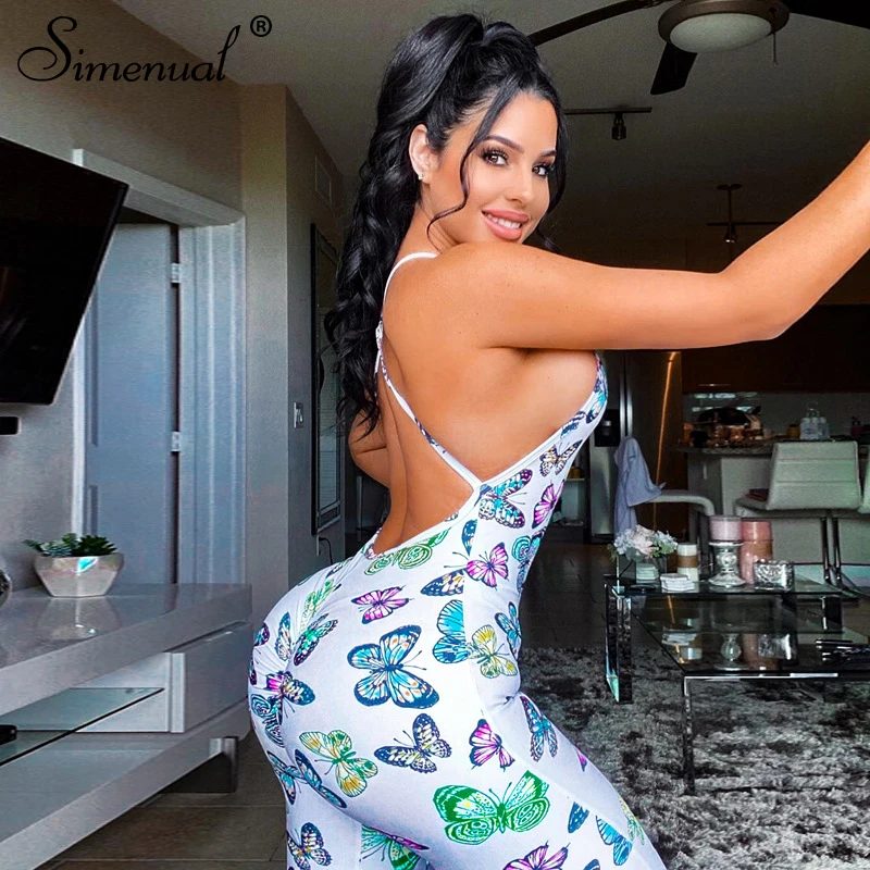 

Simenual Butterfly Print Backless Sporty Jumpsuits Ruched Workout Active Wear Sleeveless 2020 Summer Rompers Womens Jumpsuit New
