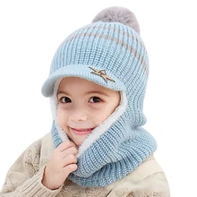 Детская ветрозащитная шапка, зимняя вязаная полосатая Круглая Шапка со звездами, шапки для мальчиков и девочек, шарф, теплая шапка с шариками, Ветрозащитная маска