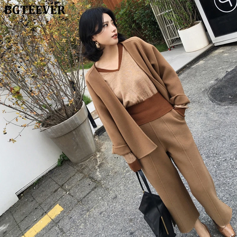 BGTEEVER Autumn Winter Woolen Women Pant Suits Open Stitch Coat &amp Wide Leg Pants OL Style Female 2 Pieces 2019 | Женская одежда