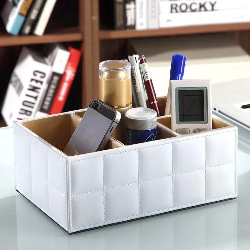 

Luxury Design PU Leather Storage Box Home Remote Control Holder Cosmetic Organizer Phone Holder White Storage Boxes Bins