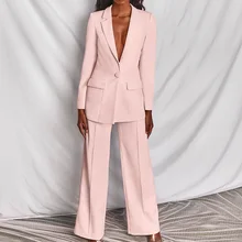 

New Pink Yellow Blazer Pants Set Two Piece Women's Business Suit Blazer Set Office Ladies Solid Colors Formal Suits with Buttons