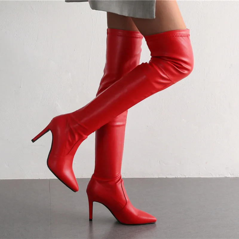 red stretch thigh high boots