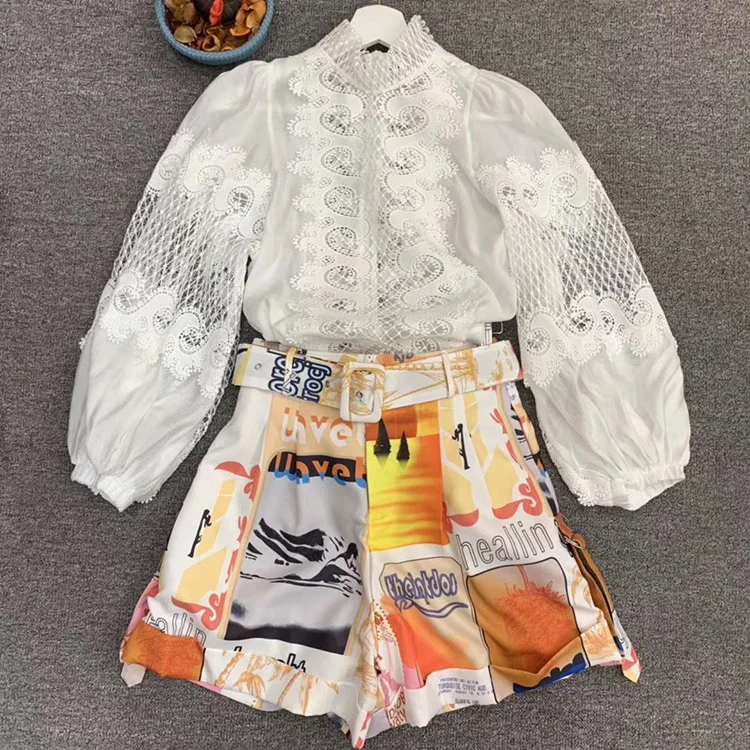 Svoryxiu Подиум пользовательские осенние шорты комплект из двух предметов женские полые вышивка Белая Блузка+ шорты с принтом вечерние костюмы высокого класса