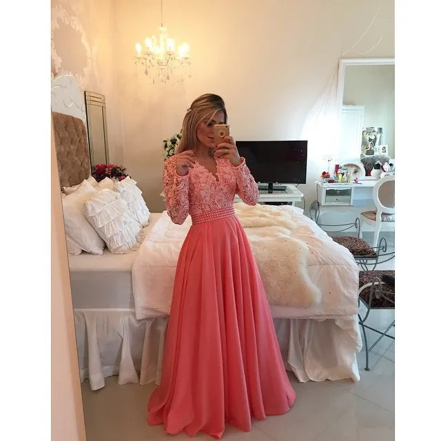 Vestido de festa, кружевное вечернее платье с длинными рукавами кораллового цвета фуксии, женское платье для выпускного вечера, Платья для особых случаев для матери невесты