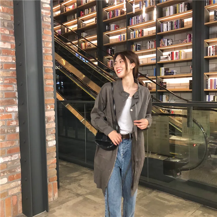 Photo Shoot Spring New Style Korean-style CHIC College Style Waist Hugging Long Sleeve Mid-length Trench Coat