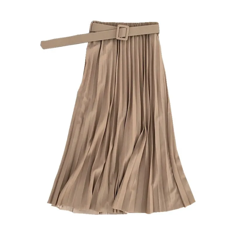 Весенне-летние длинные плиссированные юбки для женщин, однотонная шифоновая эластичная юбка до колена с высокой талией и поясом, юбка миди, Saia Femme Jupe