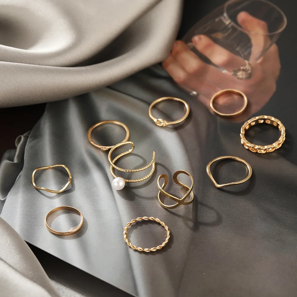 Ring Set 10pcs Punk Wide Chain Rings Set For Women Girls Fashion Irregular Finger Thin Rings Gift Female Knuckle Jewelry Party