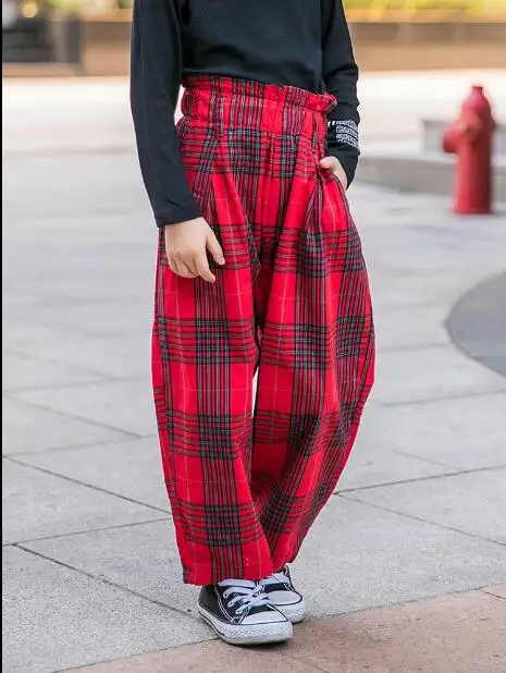 Красный Korean style girls plaid wide pants autumn fashion girls pants 4-9t C213 - Цвет: Красный