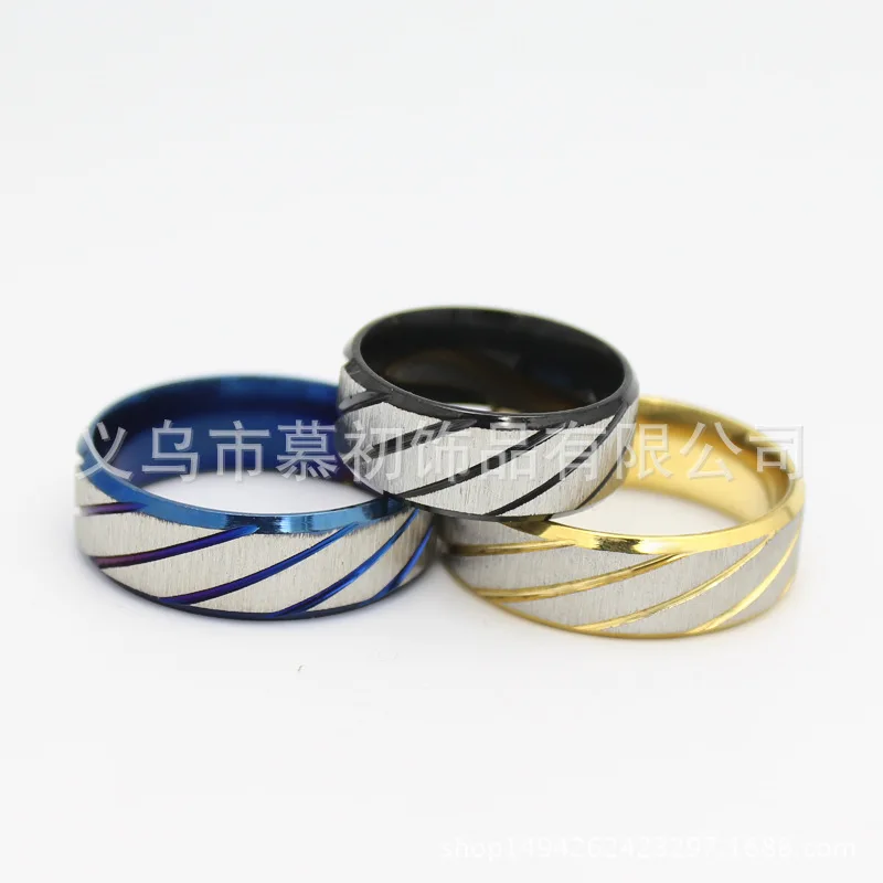 Simple Stainless Steel Couples Ring Titanium Steel 8mm Double Bevel Batch Flower Couples Ring Black And White with Pattern Stain