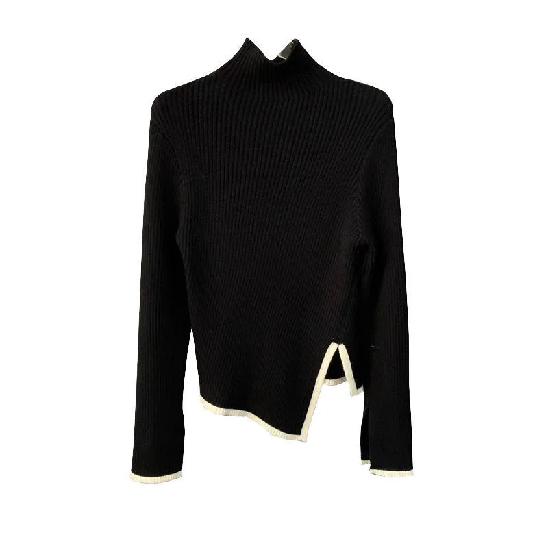 

IHOBBY Irrugular High Neck Slim Knitted Pullovers For Women Long Sleeve Spilt Sweater Female Fashion Clothing