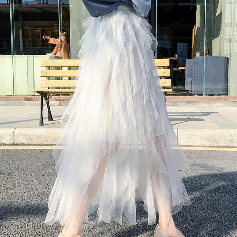 5 цветов, Женская Осенняя Милая Тюлевая юбка, Женская длинная юбка макси, однотонная Весенняя Корейская черная розовая плиссированная юбка с высокой талией