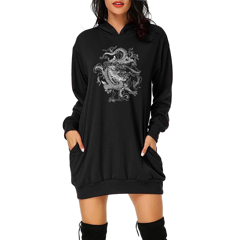 Женское Свободное платье с принтом в виде китайского дракона длинным рукавом