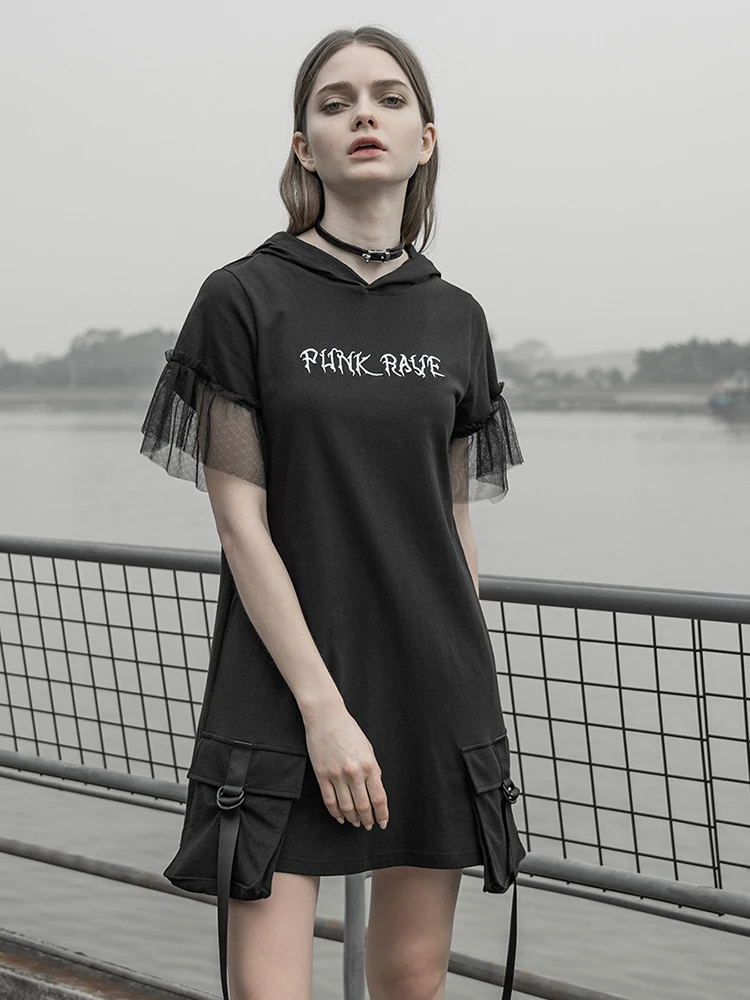 PUNKRAVE панк темное платье новое оснастка карман свободные тонкие вышитые платья женские