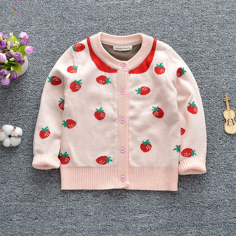 

Girls Knit Cardigan Autumn Winter New Girl Pink Princess Knit Tops Female Baby Cotton Small Strawberry Printing Sweater Cardigan