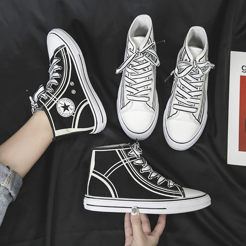 White Women High-top Canvas Shoes Black Comfortable Sneakers Vulcanize Casual Shoes Chaussure Lace-up Ladies Trainers Footwear
