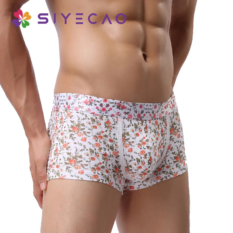 Sexy Men Underwear Boxer Shorts Homme Flower Print Low Waist Panties Man Cotton U Convex Pouch Underpants Cueca Calzoncillos [fila]pastel flower boxer briefs