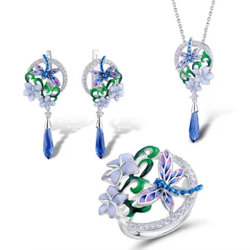 

High quality Jewelry Set For Woman Dragonfly Flower Ring Earrings Pendant Set Fashion Jewelry HANDMADE Enamel