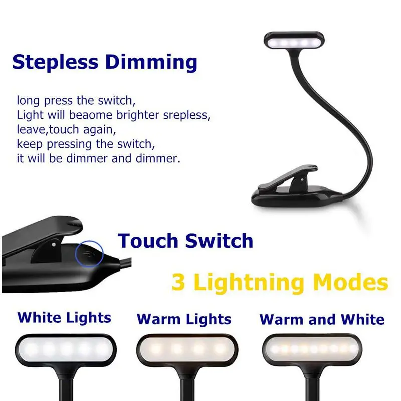 Reading Light, Clip on Book Light with 3 Brightness Light& Stepless Adjusted 9 LEDs, TOUCH-CONTROL, Perfect for Kindle,Desk,Bed