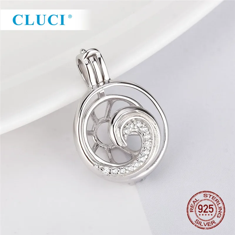 CLUCI 925 пробы серебряные подвески белый кубический циркон волна форма жемчужная клетка медальон кулон для ожерелья для женщин