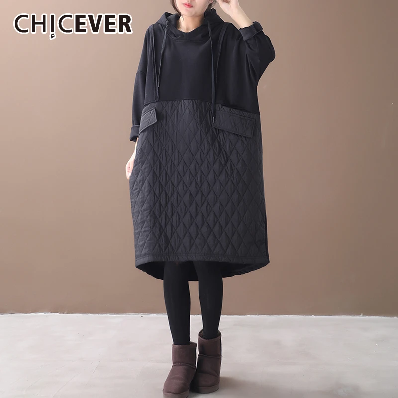 CHICEVER, винтажное лоскутное клетчатое платье для женщин, с капюшоном, с длинным рукавом, свободные, на завязках, теплые платья для женщин, осень