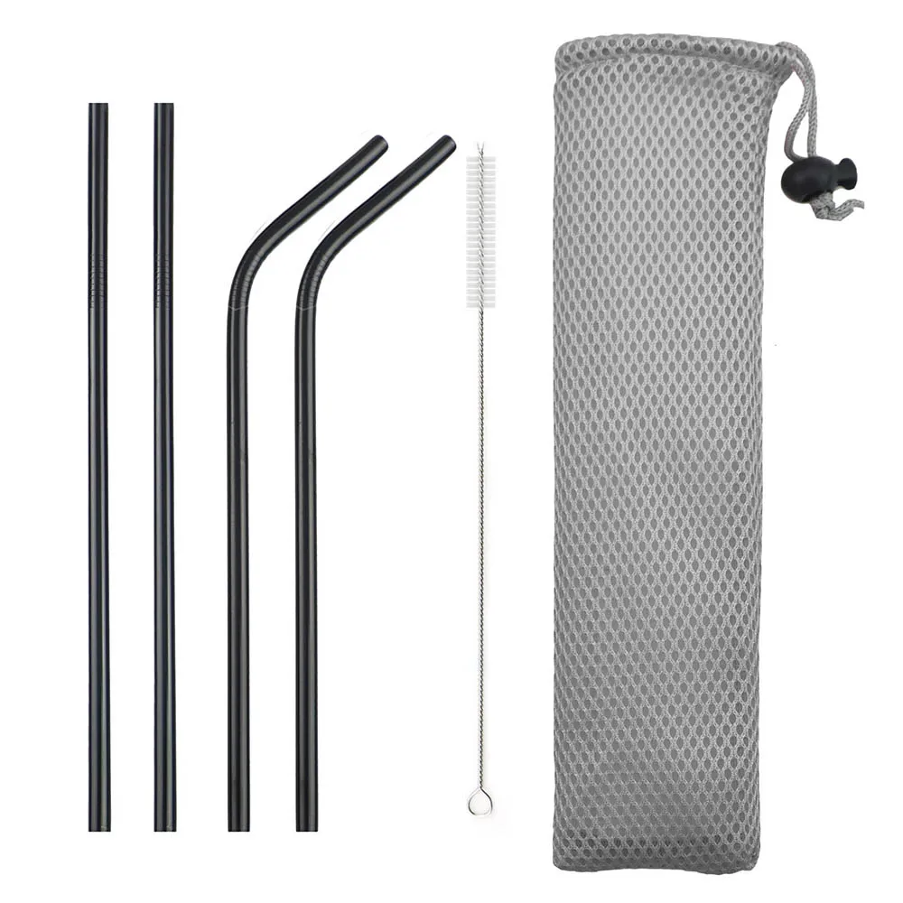 6Pcs Black 11 шт./компл. питьевой соломы 304 Нержавеющая сталь многоразовые соломы прямой изогнутая металлическая соломинка с силиконовыми наконечниками для чистки ногтей оптом - Цвет: 6Pcs Black