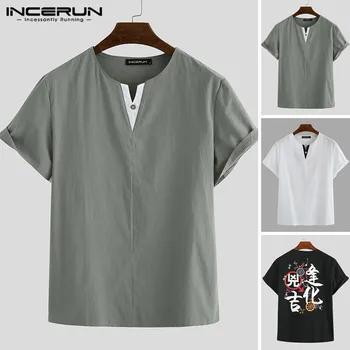 

INCERUN Chinese Style Men Shirt Printed V Neck Casual Retro Cotton Blouse Streetwear Short Sleeve Breathable Summer Camisa 2020