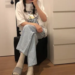 Plaid Pijama Women Korean Sleepwear Funny Bear Print Pajamas for Girls Summer 2021 Pyjamas Set 2 Piece Short Sleeve Loungewear