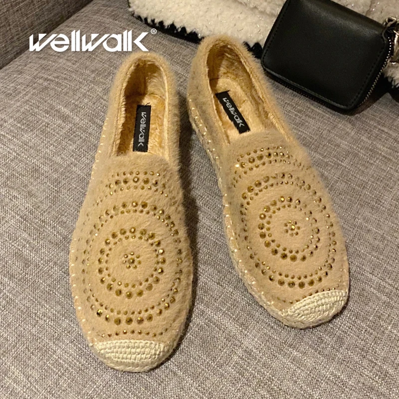 

Fur Espadrilles Women Flats Hemp Shoes Horsehair Cycle Rhinestone Decoration Loafers Female Slip On Winter Moccasins Chic Style