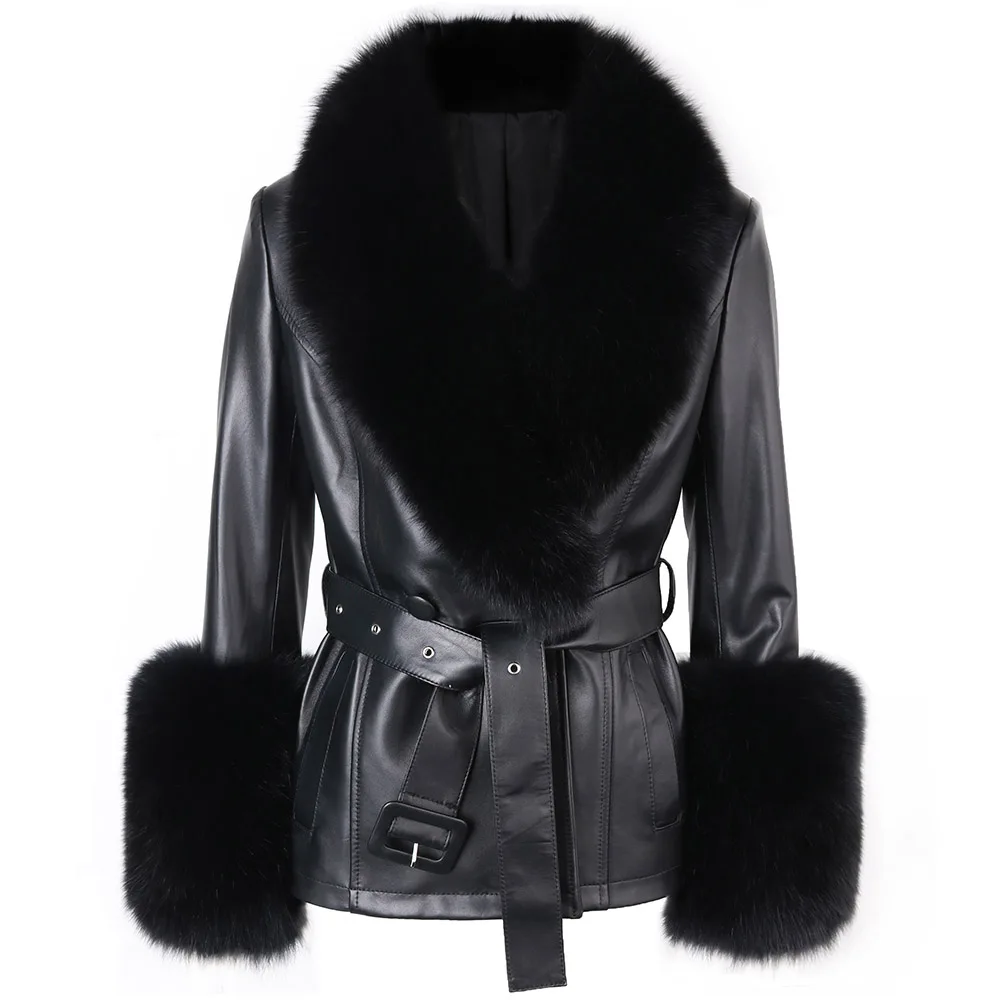 Real Fox Fur Collar Cuffs Genuine Leather Jacket Women Autumn New