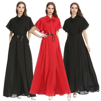 

Fashion Women Long Chiffon Maxi Dress Formal Evening Party Bridesmaid Ball Gowns Dress Short Sleeve Bow Collar With Belt Loose