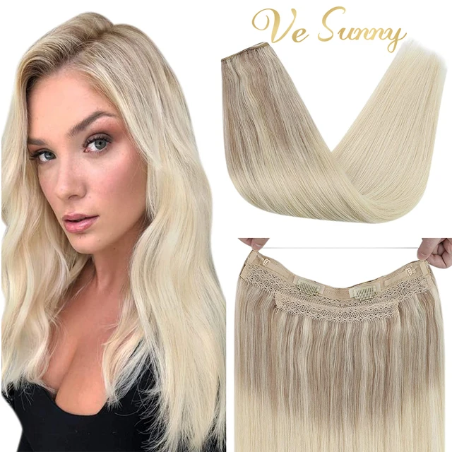 Human Hair Crown Extensions Blonde Hair Extensions Invisible Real Human Hair Double Weft Halo Real Hair Extensions Human Hair 18-22-60