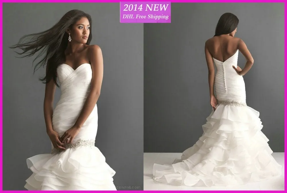 Frete grtis venda quente elegante Бисероплетение babados querida sereia органза vestidos brancos/vestido de noiva marfim personalizado