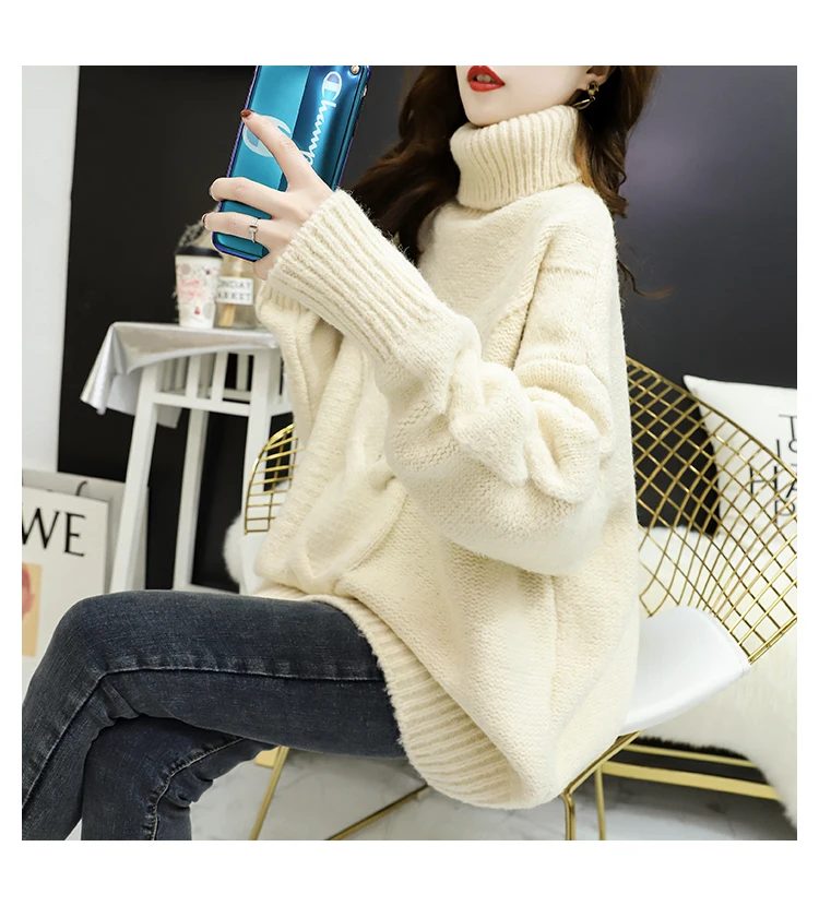 Off-white Повседневный свободный осенне-зимний свитер с высоким воротом, Женский однотонный вязаный свитер, теплый пуловер с длинным рукавом, свитер FC1038 - Цвет: Off-white
